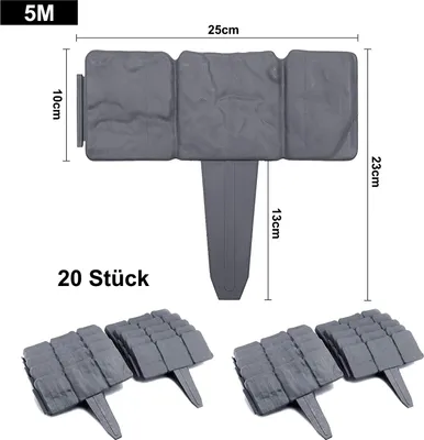 Obrázek produktu pro YARDIN Obruba trávníku kamenná obruba záhonu PP obruba trávníku obruba trávníku plastová pro zahradu, louka LxH 25x23cm 20-kus/5M antracitová