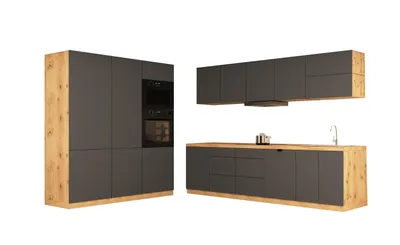Produktbild von Küchenzeile 320 cm  mit Hochschrank  Kühlumbauschrank  Küchenblock Ohne Arbeitsplatte Küchenzeile Einbauküche, Langen KL16-M320, Grau/Matt