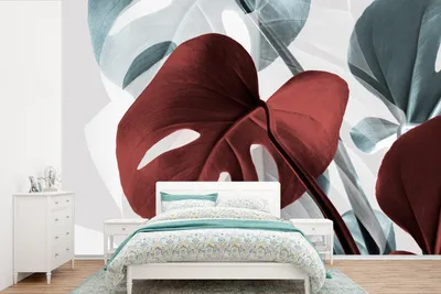 Produktbild von MuchoWow® Fototapete für Wohnzimmer oder Schlafzimmer Wandtapete Vinyl Motivtapete Monstera - Rot - Pastell - Stilleben - 600x400 cm - Vinyltapeten