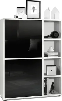 Produktbild von Vladon Highboard Schrank Anrichte Cuba mit 8 Fächern,  Germany, Korpus in Weiß matt / Fronten in Schwarz Hochglanz