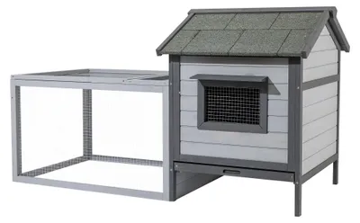 Produktbild von Wiltec Hasenstall hellgrau 1460 x 750 x 830 mm mit Freilaufgehege und erhöhtem Unterschlupf aus Holz, Kaninchenkäfig mit 2 Etagen, Kleintierstall