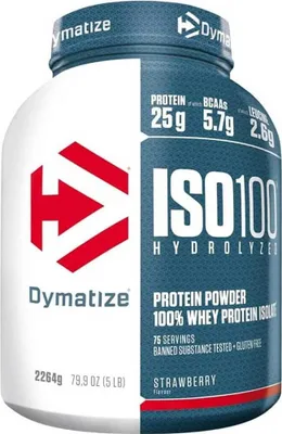 Produktbild von Dymatize ISO 100, Pulver, Hydrolisiertes Molkenprotein, Molkenprotein isoliert, Erdbeere, L-Alanin, L-Arginin, L-Asparaginsäure, L-Cystein, L-Glutaminsäure, L-Glycin, L-Histidin,..., Hydrolized whey protein isolate (milk) (49%), whey protein isolate (milk) (45%), emulsifiers..., 25 g