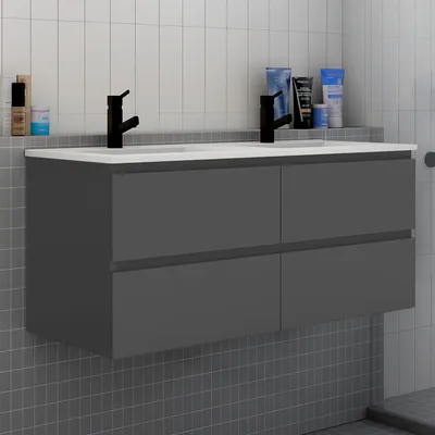 Produktbild von Badezimmermöbel 120cm CINIC-Serie Keramik Waschtisch mit Unterschrank Hängeschrank Badezimmerschränke mit 2 Schubladen Anthrazit