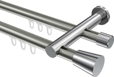 Produktbild von Interdeco Innenlaufstange / Gardinenstange mit Innenlauf Edelstahl-Optik / Chrom, Typ Platon Sitra (Konus), 20 mm Ø 2-läufig, 100 cm