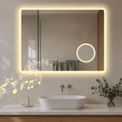 Immagine prodotto di S'AFIELINA Specchio bagno LED con Bluetooth 5.3, 80 × 60 cm, Specchio ingranditore 3×, antiappannamento, 3 colori, dimmerabile, touch & memoria