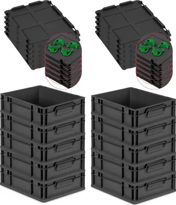 Produktbild von SparSet 10x Eurobox NextGen Grip mit Auflagedeckel inkl. 4 grünen Schiebeschnappverschlüssen | HxBxT 12x30x40cm | 11 Liter | Schwarz | Griffe geschlossen | Eurobehälter, Transportbox, Transportbehälter, Stapelbehälter