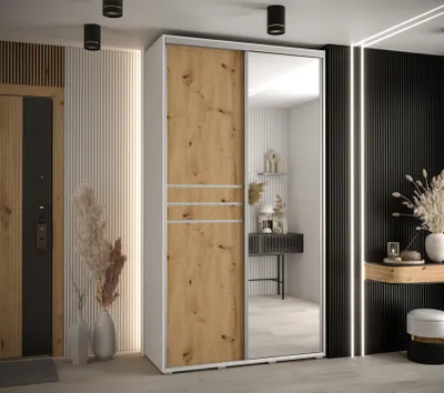 Produktbild von Kleiderschrank ASIRI 11 - 140/45 cm, Weiß / Artisan-Eiche / Silber