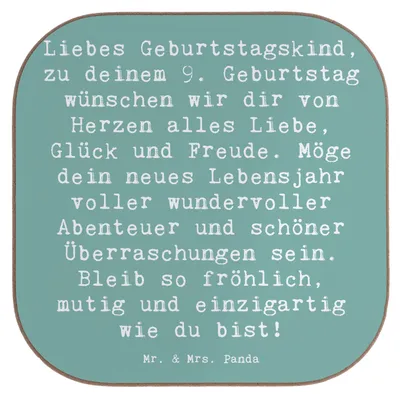 Produktbild von Mr. & Mrs. Panda Holzuntersetzer Spruch 9. Geburtstag Glück - Meeresbrise - Geschenk, Tassen Untersetzer, Geburtstagsgeschenk, Happy Birthday, Alter, Liebe, für Gläser