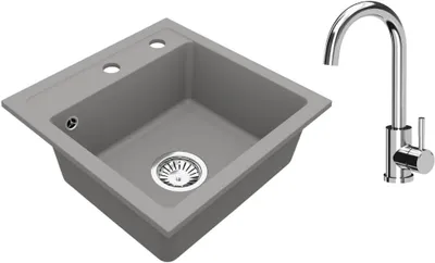 Produktbild von VBChome Granitspüle 44 x 44 cm Grau mit Armatur Einzelbecken Einbauspüle Gesprenkelt Pflegeleichtes Spülbecken mit Siphon Ideal für kleine Küchen