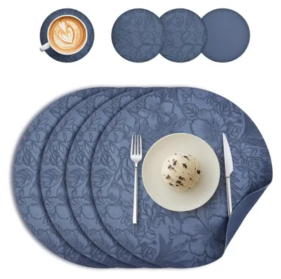 Produktbild von Tischsets & Untersetzer 4er Set Abwaschbar Lederoptik Dunkelblau Rund 34cm