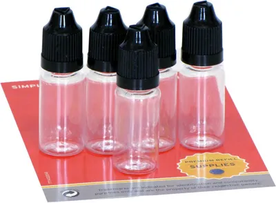 Produktbild von 5 Plastikflaschen 10 ml aus PET, transparent, G14, Tropfverschluss, Kindersicherung, schwarz