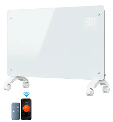 Obrázok produktu pre Elektrické konvektorové kúrenie ISOISL, 2500 W, biela farba. Vybavené Wi-Fi aplikáciou, dotykovým ovládaním, LED displejom, nastaviteľnou teplotou (5–50 °C), 24h časovačom, ochranou IP24 a je mobilné vďaka kolieskam