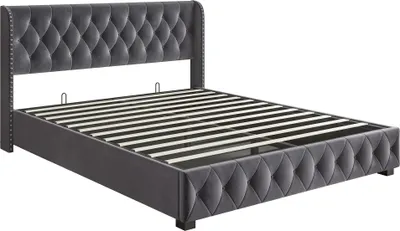 Obrázok produktu pre CDGlobal čalúnená posteľ 140x200 cm s lamelovým roštom, hydraulická skriňová pružina s úložným priestorom, zamatová manželská posteľ s úložným priestorom, funkčná posteľ