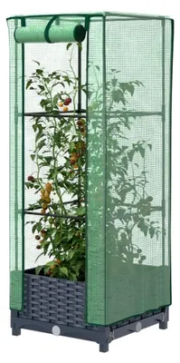 Produktbild von Hochbeet mit Gewächshausabdeckung in Rattan-Optik, 40 x 40 x 123 cm
