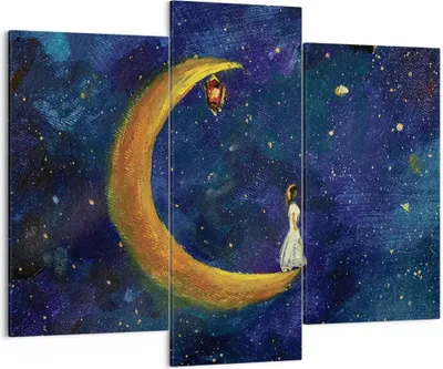 Produktbild von Bild auf Leinwand - Leinwandbild - 3 Teile - Mädchen auf der Mond - 130x100cm - Wand Bild - Wanddeko - Wandbilder - Leinwanddruck - Bilder - Wanddekoration - Leinwand bilder - CB130x100-4575