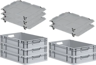 Produktbild von SparSet 5x Eurobox NextGen Economy mit Auflagedeckel und 4x Schiebeschnappverschlüsse Schwarz | Griffe offen | HxBxT 12x40x60cm | 23 Liter | Eurobehälter, Transportbox, Transportbehälter, Stapelbehälter