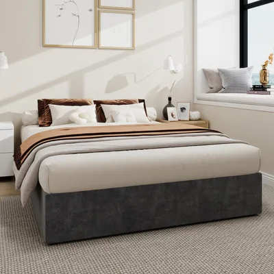 Produktbild von Sweiko Modern Simple Style Bed Frame, 140x200 cm, Grey, Dutch Velvet Fabric, with Gas Lift, Modern Bedroom Furniture, Excluding Headboard and Mattress.