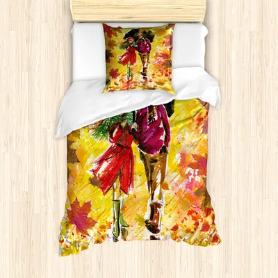 Produktbild von ABAKUHAUS Fallen Mantele, Paare am Herbst Alley, Milbensicher Allergiker geeignet mit Kissenbezügen, 135 cm x 200 cm - 80 x 80 cm, Mehrfarbig