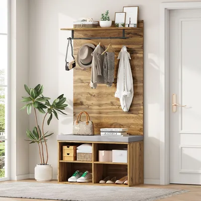 Immagine prodotto di Set armadio con scarpaio, dimensioni 84x35x175 cm, dotato di appendiabiti, ripiano regolabile e due ganci, con finitura effetto legno di quercia, ideale per l'ingresso