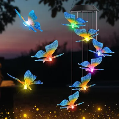 Produktbild von Solar Windspiel Schmetterling Blau 6 LED Farbwechsel Wasserfest Garten Deko