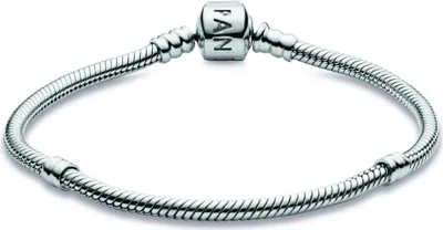 A silver Pandora bracelet with a clasp featuring the Pandora logo.