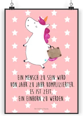 Produktbild von Mr. & Mrs. Panda Bild Einhorn Koffer DIN A4 - Rot Pastell - Geschenk, Lustig, Plakat, Kunstdruck, Einhörner, Unicorn, Gepäck, wanddeko, Wandbild, Abenteuer, drucke
