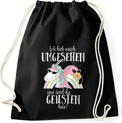 Produktbild von Turnbeutel Ich hab mich umgesehen wir sind die geilsten hier Flamingo Einhorn Regenbogen Moonworks® schwarz unisize