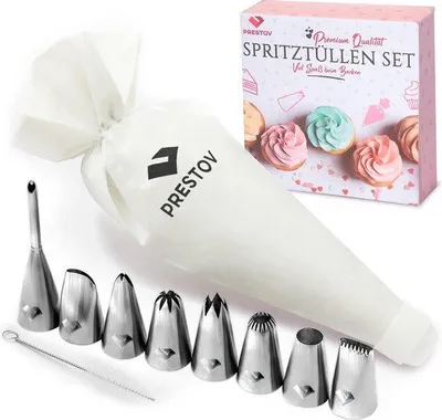 Image de Ensemble de pochettes de pâtisserie Unyqoos® – ensemble de pochettes réutilisables, prédécoupées de 35 cm, avec 8 douilles en acier inoxydable, un adaptateur et une brosse de nettoyage, idéal pour les gâteaux et les pâtisseries, qualité allemande