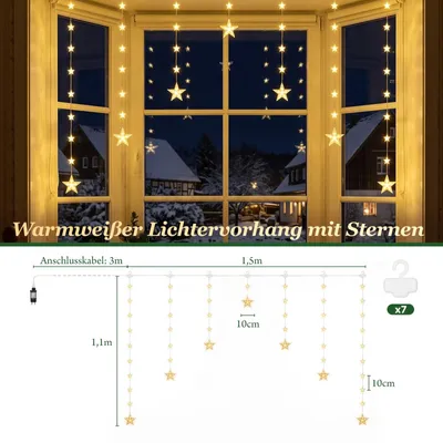 Produktbild von LED Lichtervorhang Sterne Weihnachtsbeleuchtung Warmweiß Fenster SALCAR