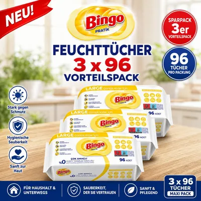 Zdjęcie produktu dla Bingo Lemon 3x96 sztuk – zapach cytrynowy – chusteczki czyszczące wielofunkcyjne