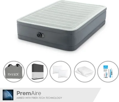 Produktbild von Intex Luftbett - 2 Personen - 137 x 191 x 36 cm - Grau - Mit elektrischer Pumpe + Spannbettlaken Schwarz + Kopfkissen + Molton 2 in 1 Kissenbezüge + Reperaturset