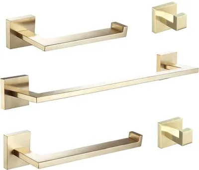 Produktbild von Badezimmer-Accessoireset, goldenes Zubehörset – Handtuchhalter + Handtuchringe + Toilettenpapierhalter + 2 Handtuchhaken, Edelstahl, Wandmontage, BA203BG-5