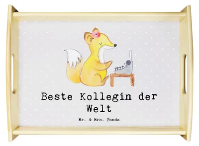 Produktbild von Mr. & Mrs. Panda Servier Tablett Fuchs Beste Kollegin der Welt - Grau Pastell - Geschenk, Arbeit, Ruhestand, Holztablett, Dekotablett, Geschenkidee, Dankeschön, Freundin
