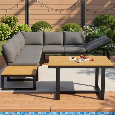 Produktbild von 6-teiliges Gartenlounge-Set ohne Armlehnen, Ecksofa mit 5-fach verstellbarer Rückenlehne, Stahlgestell, grau, wetterfest, Outdoor Sitzgruppe