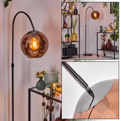 Produktbild von Cesaro Stehlampe aus Metall/Glas in Schwarz/Chrom/Kupfer im Retro-Design