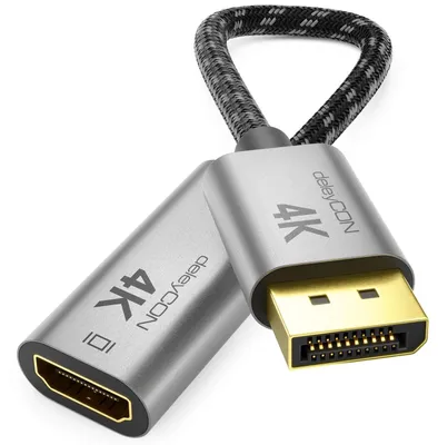 Produktbild von deleyCON 10cm DisplayPort Stecker auf HDMI Buchse Adapterkabel (Für HDMI Monitor, TV, Beamer) - 1080P@60Hz / 1440P@60Hz / 4K@30Hz - Aluminium-Stecker Nylonkabel - für DP Computer PC Grafikkarte