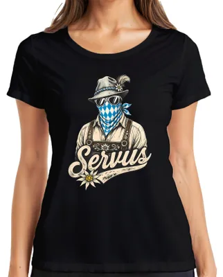 Productafbeelding van Servus, traditionele lederhosen, klederdracht, Wiesn, , dirndl, volksfest, dames T-shirt, zwart, XXL