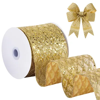 Image de Ruban métallique doré, 10 cm x 9,1 m, ruban pailleté avec bords métalliques pour la décoration