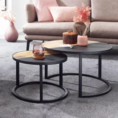 Immagine prodotto di FineBuy set di 2 tavolini da caffè in legno massiccio / pietra di mango rotondo moderno | Tavolino di design 2 pezzi | Tavoli rotondi per il soggiorno