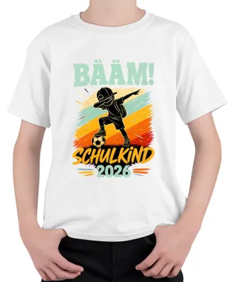 Produktbild von Bääm Schulkind 2026 Einschulung Junge Fußball Dabbing Schulanfang Kinder T-Shirt, Weiß, 128