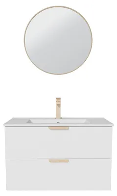 Produktbild von Hängender Badezimmerschrank mit Einbauwaschbecken, Armatur und Spiegel – Weiß – B80 cm – AVORELI
