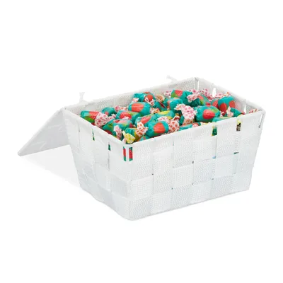 Produktbild von Relaxdays Aufbewahrungskorb mit Deckel, Flechtoptik, Bad Organizer HxBxT: 10,5 x 19,5 x 14,5 cm, Kunststoff, weiß