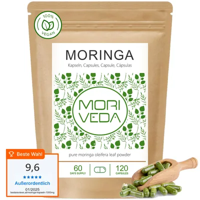 Produktbild von Moringa Kapseln I über 90 Nährstoffe, Proteine, Vitamine I Oleifera Blattpulver I vegan, laktose-, fruktose-, glutenfrei I 120 Stk. von Moriveda