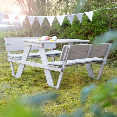 Image de Ensemble de sièges d'extérieur pour enfants « Picknick for 4 » de roba avec dossiers, résistant aux intempéries, en bois massif, gris