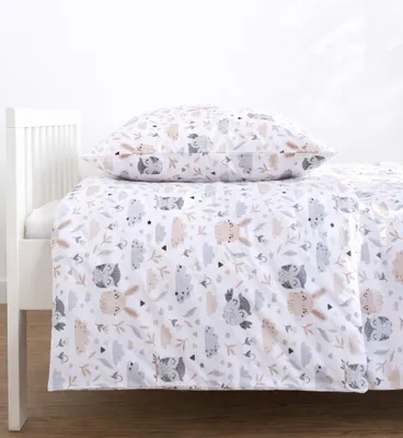 Produktbild von Kinder Bettwäsche 110x125 + 35x55 cm Baumwolle Tiere Wald – Hase & Eule, passend für IKEA Bett, weich, 2-teiliges Set