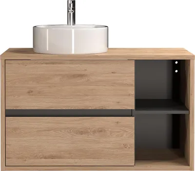 Produktbild von Badezimmer-Hängeschrank mit rundem Waschbecken - Natur - 100 cm - PURNAL