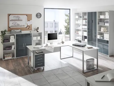 Produktbild von Büromöbel Office Luxo 9 teiliges Komplett Set in Lichtgrau mit lackierten Graphit Glasfronten abschließbar