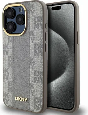 Productafbeelding van Telefoonhoesje DKNY, leer, geruit, monochrome print, MagSafe, voor iPhone 15 Pro Max - Beige