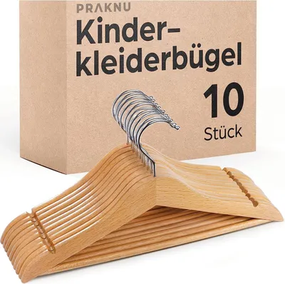 Produktbild von Kinderkleiderbügel Holz mit Haken 360° Drehbar - 10er Set - Robustes Natur Buchenholz - Perfekte Ordnung für Kinderkleidung