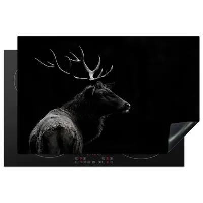 Produktbild von KitchenYeah© Herdabdeckplatte Hirsch - Schwarz - Weiß - Geweih , 81x52cm, Küche Deko, Glaskeramikkochfeld Herdabdeckung, Abdeckplatte fùr Kochfeld